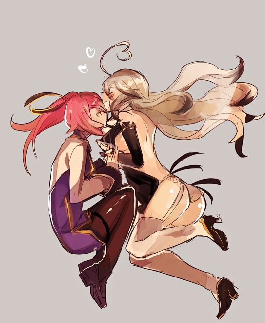 2girls, ahoge, ass, bare_shoulders, blazblue, breasts, bridal_gauntlets, closed_eyes, eyepatch, full_body, hair_over_one_eye, happy, heart, heart_ahoge, height_difference, high_heels, holding_hands, hyakuhachi_(over3), konoe_a_mercury, large_breasts, lingerie, long_hair, long_sleeves, me_(xblaze), multiple_girls, necktie, nobody_(xblaze), panties, pantyhose, pink_hair, purple_neckwear, side_ponytail, silver_hair, small_breasts, smile, thigh-highs, third-party_source, underwear, white_background, white_hair, white_legwear, white_panties, xblaze, xblaze_lost:_memories, yellow_eyes, yuri