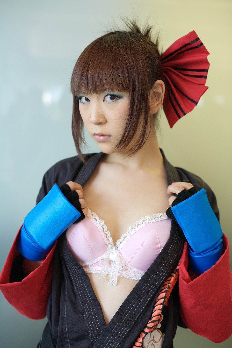aihara_makoto, bra, cosplay, gloves, hair_bow, kabi, open_gi, panties