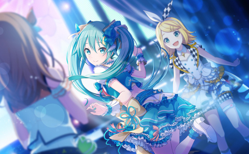 3girls, aqua_eyes, aqua_hair, aqua_nails, aqua_skirt, aqua_theme, armband, arms_at_sides