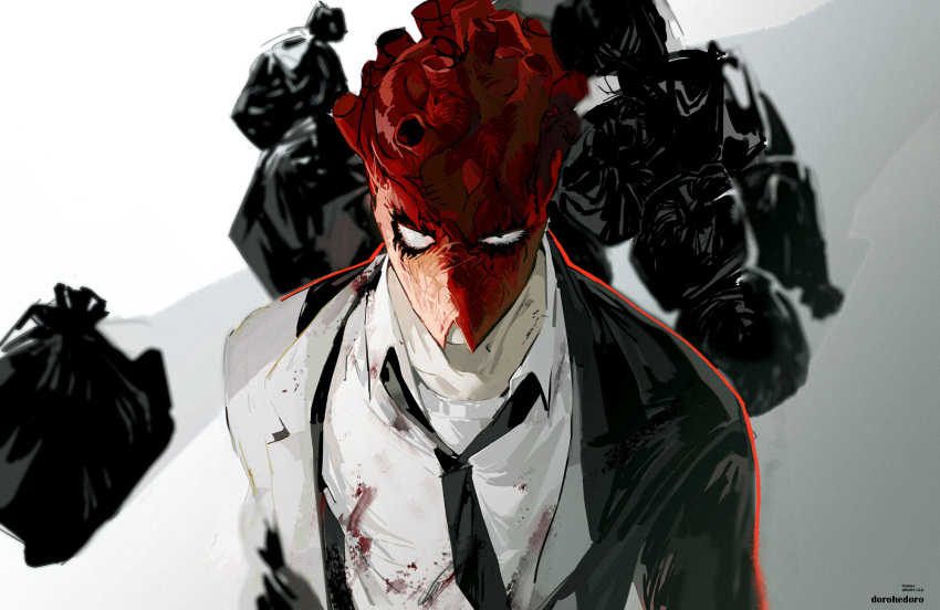 1boy, black_eyes, black_jacket, black_neckwear, black_suit, blood, bloody_clothes, collared_shirt
