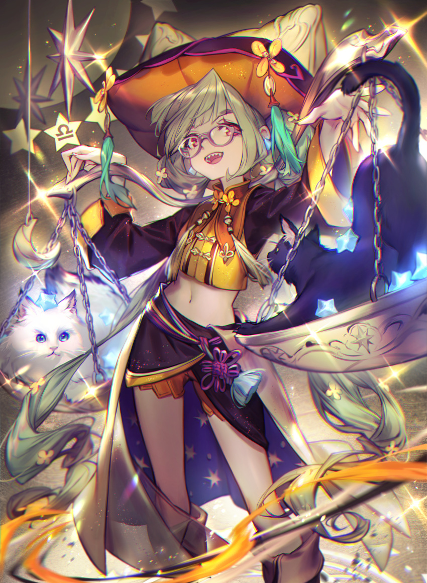 1girl, :d, absurdres, animal, arms_up, balance_scale, black_cat, black_shirt