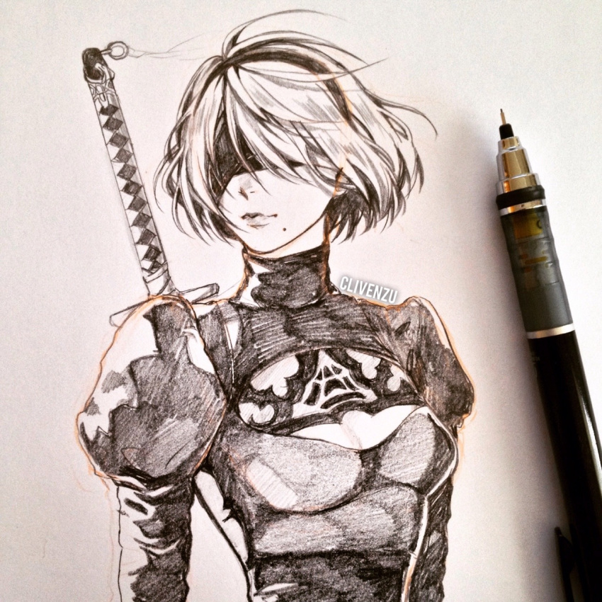 1girl, artist_name, blindfold, breasts, clivenzu, closed_mouth, commentary, covered_eyes, english_commentary, facing_viewer, graphite_(medium), greyscale, highres, juliet_sleeves, long_sleeves, mechanical_pencil, mixed_media, mole, mole_under_mouth, monochrome, nier_(series), nier_automata, pencil, photo_(medium), puffy_sleeves, short_hair, small_breasts, smile, solo, sword, traditional_media, upper_body, weapon, yorha_no._2_type_b