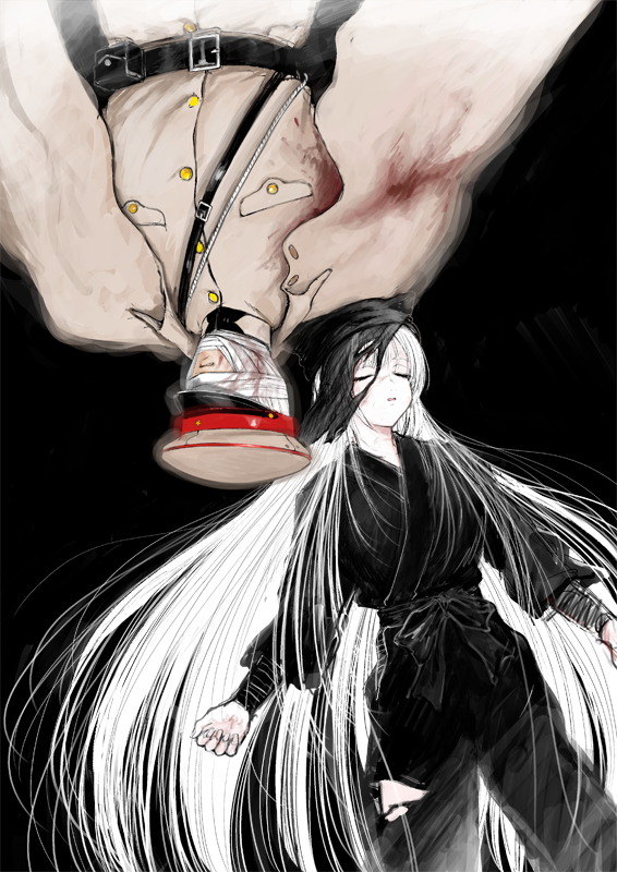 1boy, 1girl, bandaged_head, bandages, belt, belt_pouch, black_background, black_headwear, blood, bloody_clothes, closed_eyes, long_hair, military, military_uniform, mizo_(syouw), pouch, souboutei_kowasu_beshi, uniform, very_long_hair, white_hair
