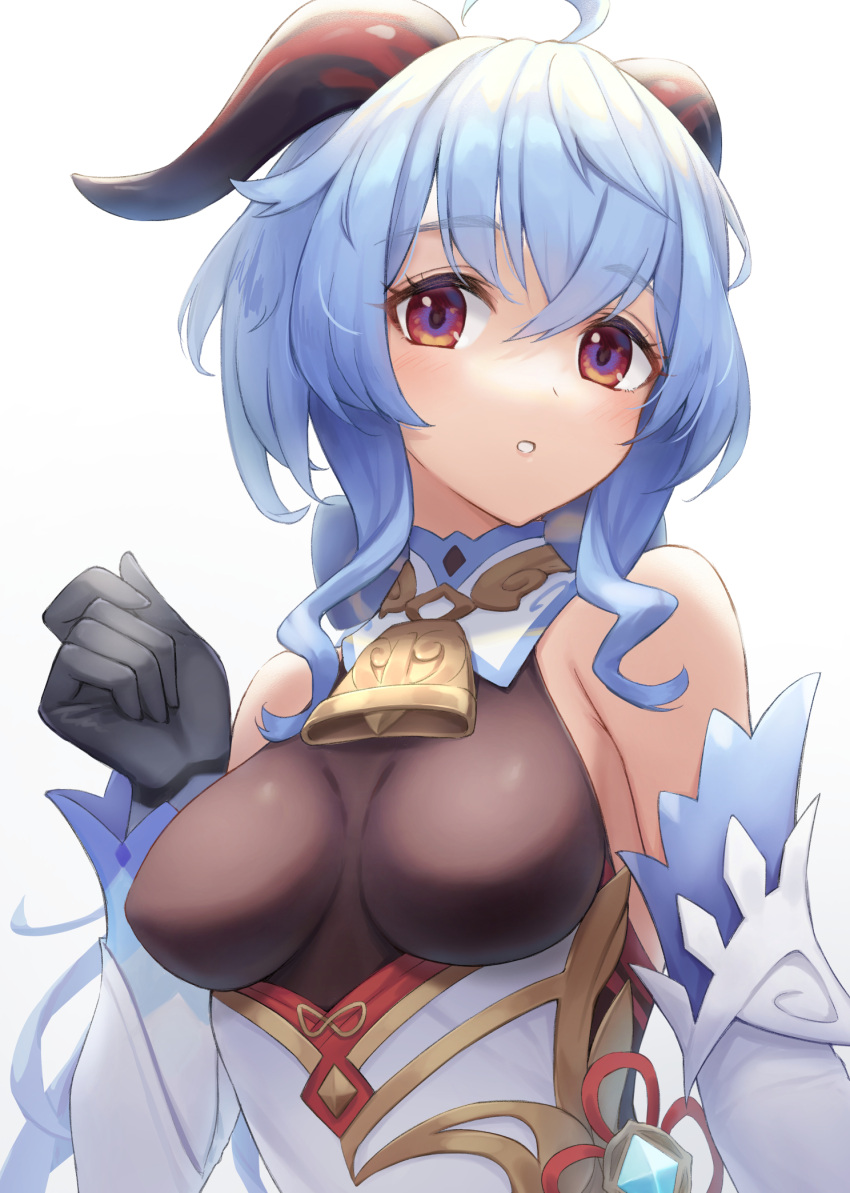 1girl, ahoge, bare_shoulders, bell, black_bodysuit, blue_hair, blush, bodysuit, bow, breasts, cow_bell, detached_sleeves, ganyu_(genshin_impact), genshin_impact, gloves, goat_horns, gohei_(aoi_yuugure), hair_bow, highres, horns, looking_at_viewer, medium_breasts, parted_lips, red_eyes, simple_background, sleeveless, smile, solo, upper_body, white_background
