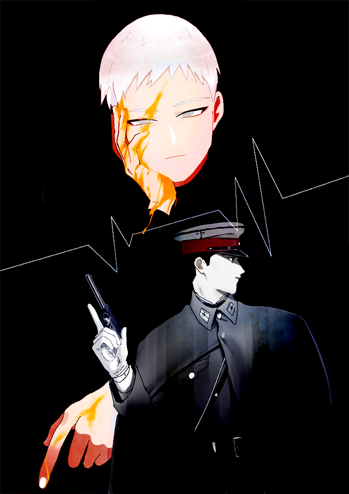 2boys, black_background, black_hair, gloves, gun, hand_on_own_cheek, hands, hat, holding, holding_gun, holding_weapon, looking_at_viewer, male_focus, military, military_hat, military_uniform, mizo_(syouw), multiple_boys, pale_skin, souboutei_kowasu_beshi, trigger_discipline, uniform, upper_body, weapon, white_gloves, white_hair