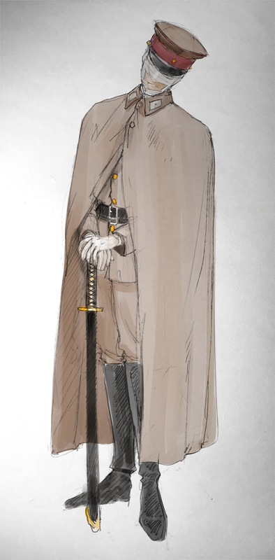 bandaged_head, bandages, belt, black_footwear, boots, facing_viewer, full_body, gloves, hat, katana, knee_boots, male_focus, military, military_hat, military_uniform, mizo_(syouw), sheath, sheathed, souboutei_kowasu_beshi, standing, sword, uniform, weapon, white_gloves