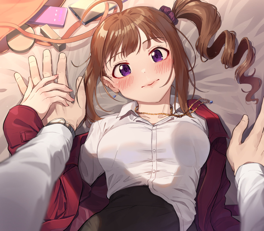 1boy, 1girl, ahoge, black_skirt, blush, breasts, brown_hair, cellphone