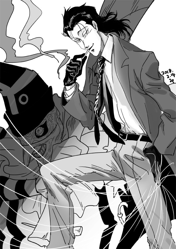 1boy, ashihana_eiryou, belt, black_gloves, black_hair, dated, gloves, greyscale