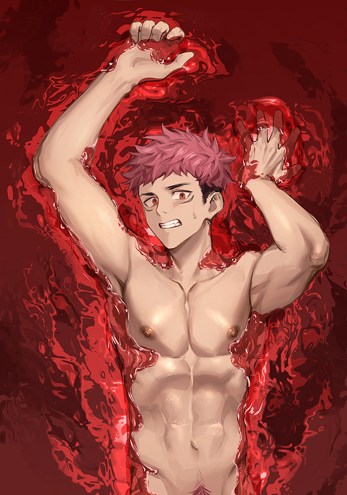 1boy, abs, arms_up, blood, brown_hair, completely_nude, groin, itadori_yuuji