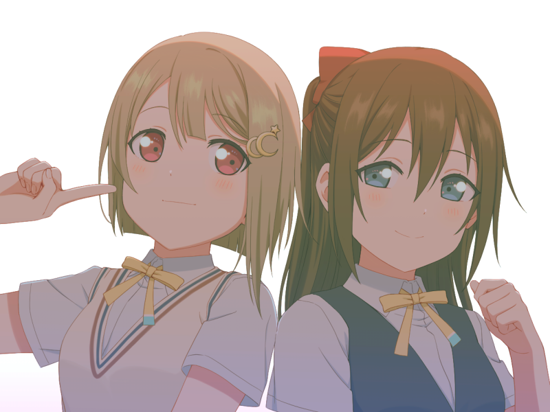 2girls, asymmetrical_hair, bangs, beige_cardigan, blue_eyes, blush, bob_cut, bow
