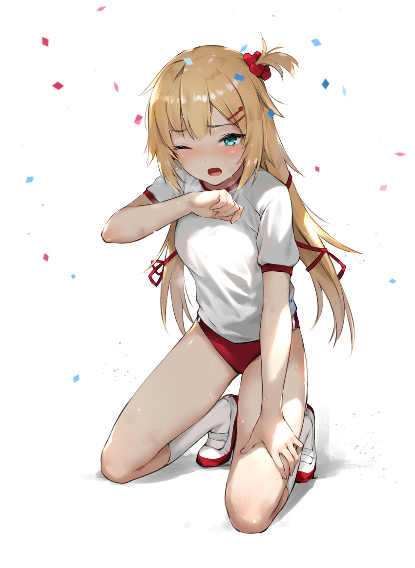 1girl, absurdres, akai_haato, aqua_eyes, blonde_hair, blush, bobby_pin, buruma