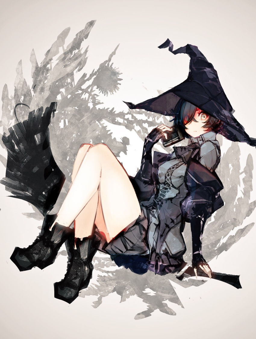 1girl, bangs, black_hair, black_shorts, black_skirt, book, breasts, broom