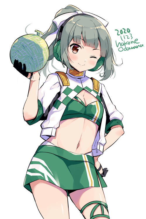 1girl, bandeau, black_gloves, blush, brown_eyes, cowboy_shot, cropped_jacket, eyebrows_visible_through_hair, food, fruit, gloves, green_bandeau, green_hair, green_skirt, holding, holding_food, holding_fruit, jacket, kantai_collection, long_hair, melon, navel, odawara_hakone, one_eye_closed, ponytail, racequeen, simple_background, skirt, smile, solo, twitter_username, white_background, white_jacket, yuubari_(kantai_collection)