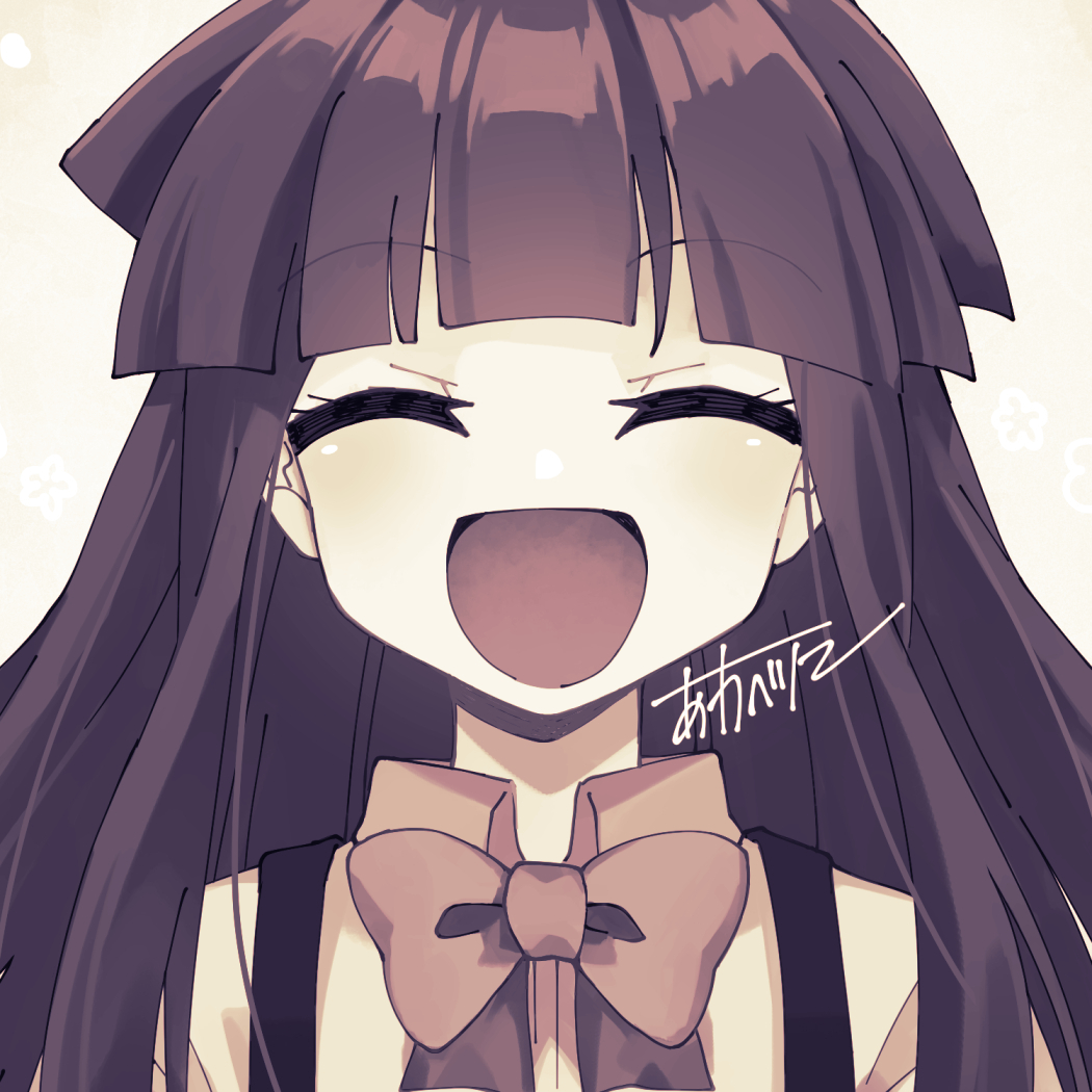 1girl, ^_^, blue_hair, bow, closed_eyes, furude_rika, higurashi_no_naku_koro_ni, long_hair, momotarekawa, nipa~, solo, suspenders