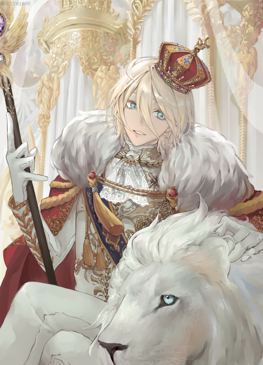 1boy, animal, blonde_hair, blue_eyes, cape, crossed_legs, crown, ensemble_stars!