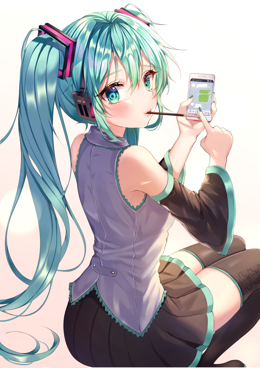 1girl, absurdres, aina_156cm, aqua_eyes, aqua_hair, bangs, bare_shoulders, black_footwear, black_skirt, black_sleeves, blush, boots, cellphone, detached_sleeves, eyebrows_visible_through_hair, food, food_in_mouth, from_behind, green_nails, grey_shirt, hatsune_miku, headphones, highres, holding, holding_phone, huge_filesize, long_hair, long_sleeves, looking_at_viewer, looking_back, miniskirt, mouth_hold, nail_polish, phone, pink_lips, pleated_skirt, pocky, shirt, sitting, skirt, smartphone, solo, thigh-highs, thigh_boots, twintails, very_long_hair, vocaloid, whatsapp, zettai_ryouiki