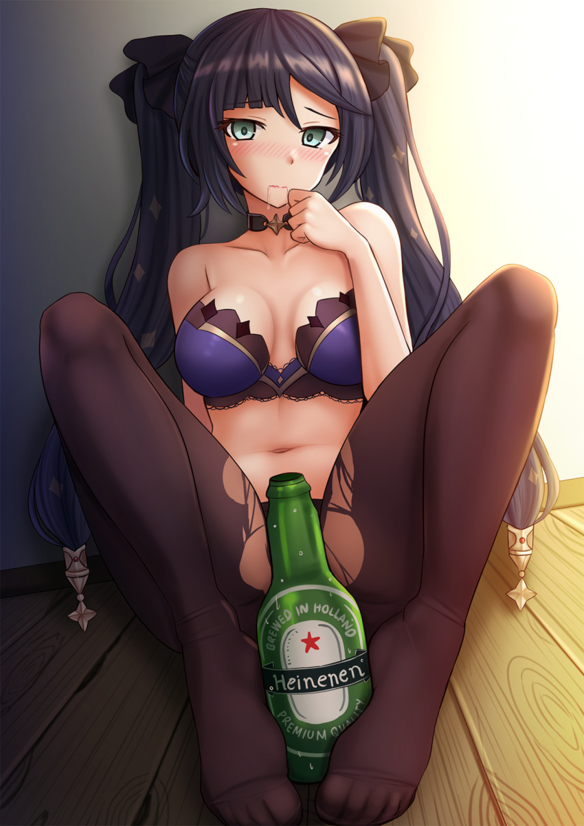 1girl, aqua_eyes, bare_shoulders, black_choker, black_hair, blush, bottle, bow