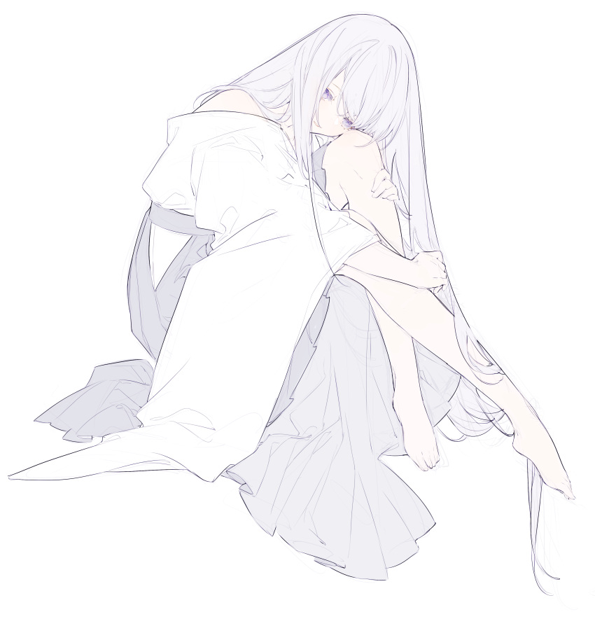 1girl, absurdres, bangs, barefoot, dress, full_body, grey_hair, hair_between_eyes