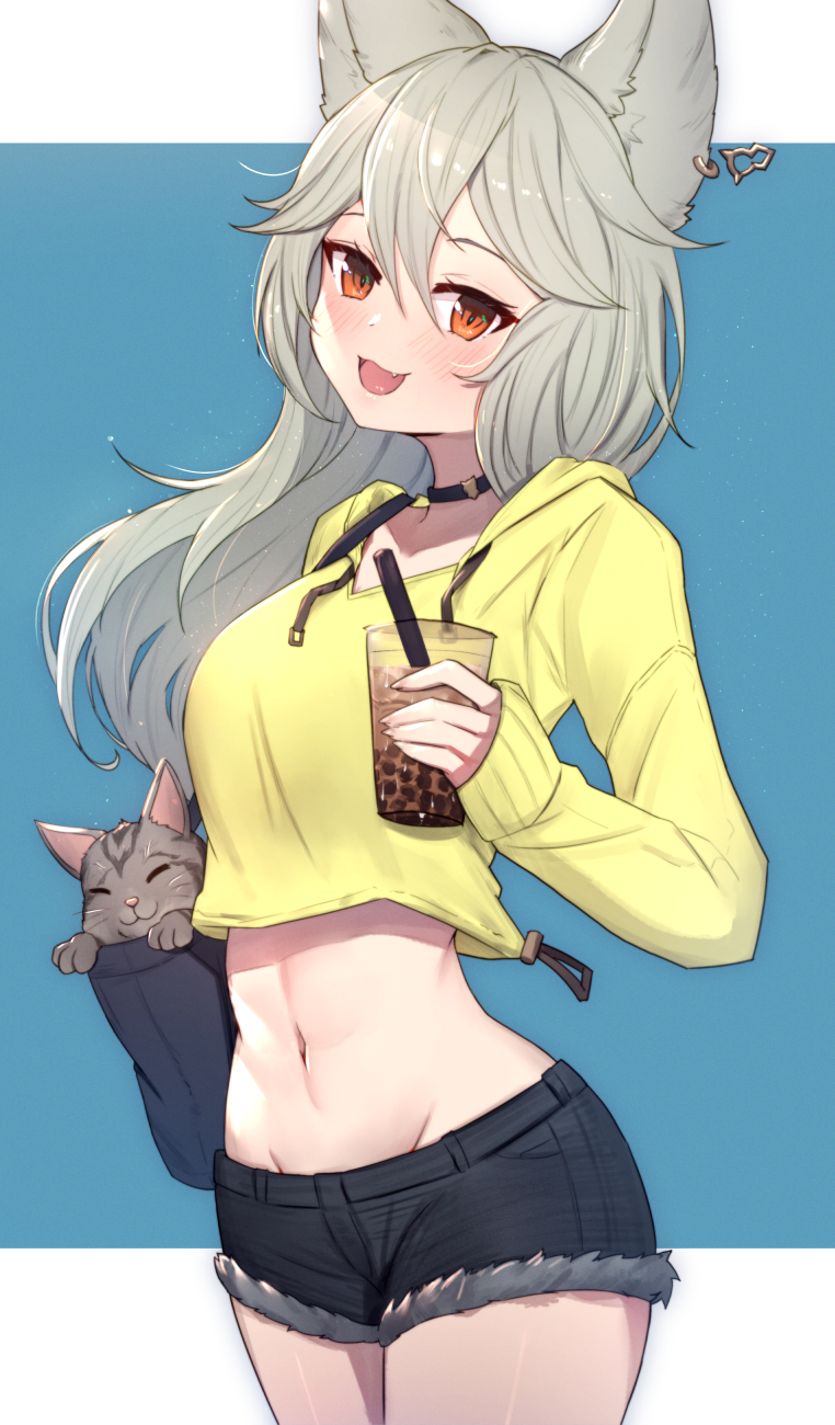 1girl, :d, animal, animal_ears, bag, bangs, black_choker, black_shorts