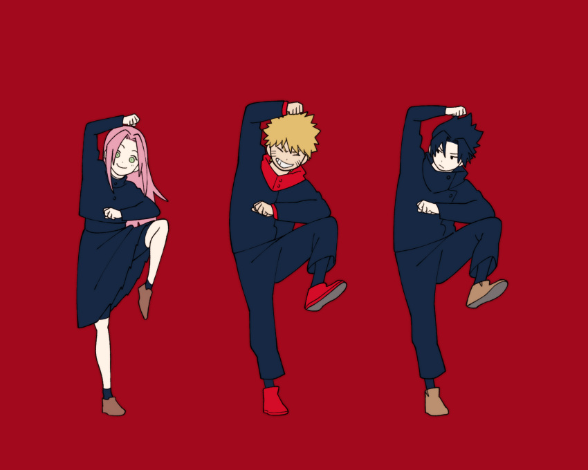 arm_up, babyseven_77, black_eyes, black_hair, blonde_hair, brown_footwear, closed_eyes, closed_mouth, cosplay, dancing, facial_mark, frown, fushiguro_megumi, green_eyes, grin, hair_between_eyes, haruno_sakura, haruno_sakura_(cosplay), highres, itadori_yuuji, jujutsu_kaisen, kugisaki_nobara, long_hair, naruto, naruto_(series), parody, pink_hair, red_background, red_footwear, simple_background, smile, uchiha_sasuke, uchiha_sasuke_(cosplay), uzumaki_naruto, uzumaki_naruto_(cosplay), whisker_markings