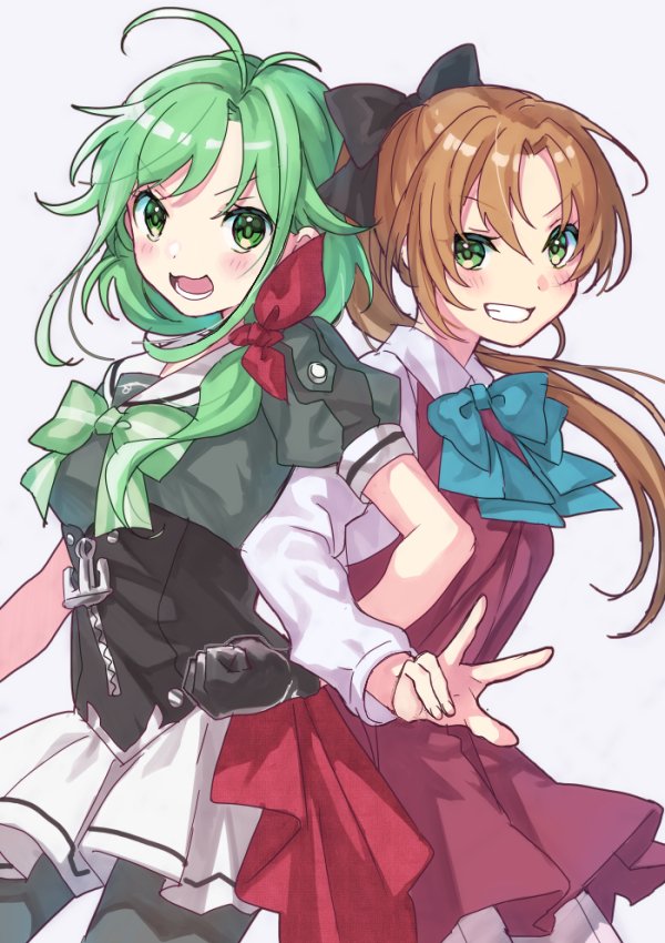 2girls, akigumo_(kantai_collection), anchor, antenna_hair, black_legwear, brown_hair, commentary_request, cowboy_shot, dress, green_eyes, green_hair, grey_legwear, hair_over_shoulder, hair_ribbon, halterneck, kantai_collection, long_hair, looking_at_viewer, matsu_(kantai_collection), mitsuyo_(mituyo324), multiple_girls, pantyhose, pleated_skirt, ponytail, purple_dress, ribbon, sailor_collar, sailor_shirt, school_uniform, serafuku, shirt, simple_background, skirt, white_background, white_sailor_collar, white_skirt, zipper_pull_tab
