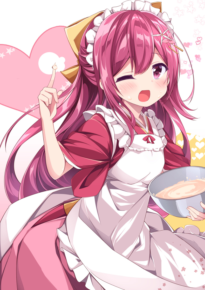 1girl, acchii_(akina), apron, boots, bow, bowl, commentary_request, cross-laced_footwear