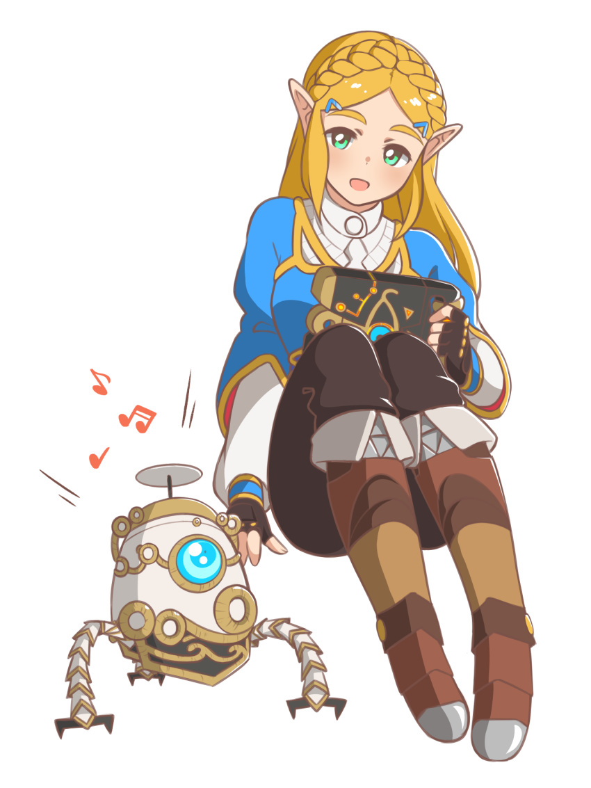 1girl, bangs, blonde_hair, braid, crown_braid, gloves, green_eyes, guardian_(breath_of_the_wild), highres, hyrule_warriors, hyrule_warriors:_age_of_calamity, ikonaska, long_hair, looking_at_viewer, open_mouth, pointy_ears, princess_zelda, robot, smile, solo, the_legend_of_zelda, the_legend_of_zelda:_breath_of_the_wild