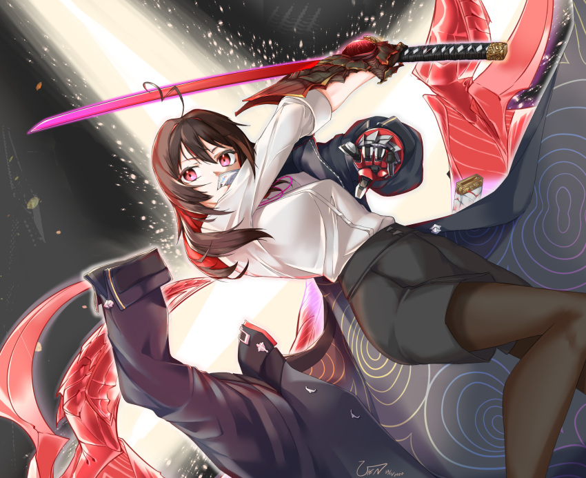 1girl, ahoge, black_coat, black_shorts, boots, breasts, brown_hair, brown_legwear