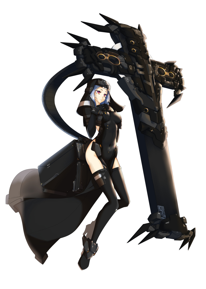 1girl, absurdres, black_gloves, blue_hair, covered_navel, cross, english_text, fingernails, floating, gloves, high_heels, highres, mecha_musume, medium_hair, nun, original, simple_background, solo, uhen, violet_eyes, white_background