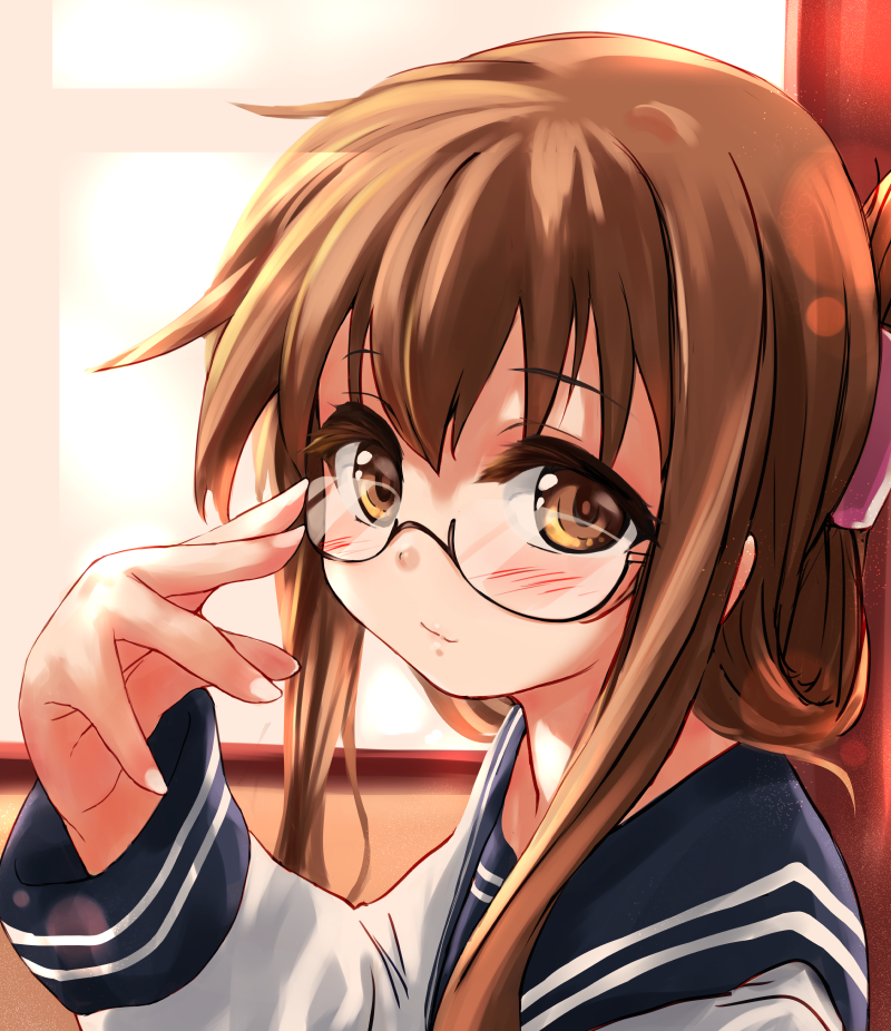 1girl, bespectacled, black_sailor_collar, brown_eyes, brown_hair, commentary_request, folded_ponytail, glasses