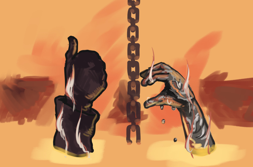 absurdres, brown_gloves, chain, chanta_(ayatakaoisii), close-up, fire, gloves, heart_hand_thumb_up_duo, highres, long_sleeves, molten_metal, parody, t-1000, t-800, terminator_2:_judgment_day, thumbs_up