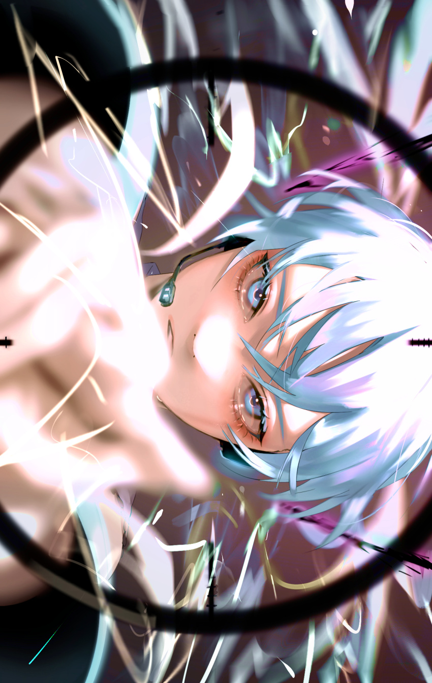 1girl, antera_(emi), bangs, blue_eyes, blue_hair, close-up, crosshair, eyebrows_behind_hair