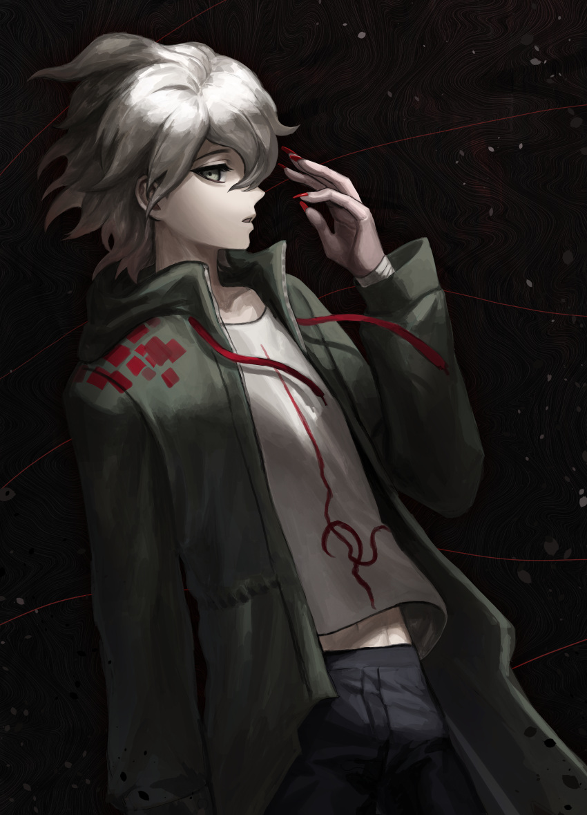 1boy, absurdres, bandaged_arm, bandages, bangs, black_background, black_pants, collarbone