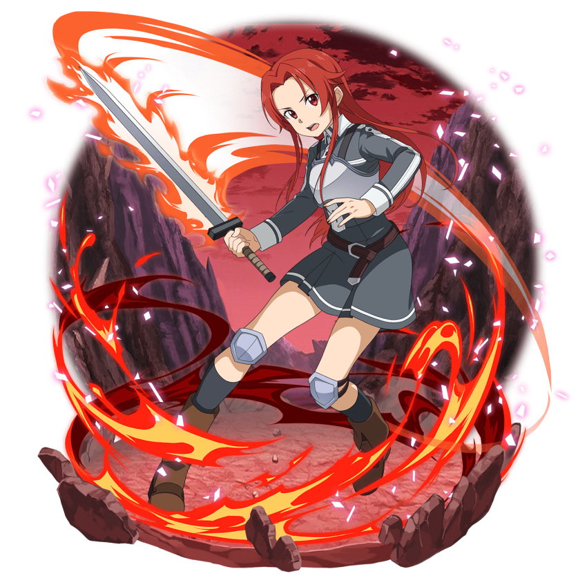 1girl, belt, black_legwear, boots, breastplate, brown_belt, brown_footwear, collared_dress, dress, faux_figurine, fire, floating_hair, full_body, grey_dress, hair_intakes, highres, holding, holding_sword, holding_weapon, kneehighs, long_hair, long_sleeves, looking_at_viewer, official_art, open_mouth, pleated_dress, red_eyes, red_sky, redhead, shiny, shiny_hair, short_dress, sky, solo, standing, sword, sword_art_online, sword_art_online:_memory_defrag, sword_mastery_academy_uniform, tiese_schtrinen, transparent_background, very_long_hair, weapon, wing_collar