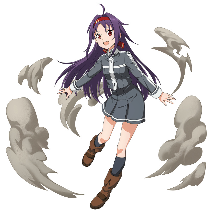 1girl, :d, ahoge, alternate_costume, black_legwear, boots, brown_footwear, collared_jacket