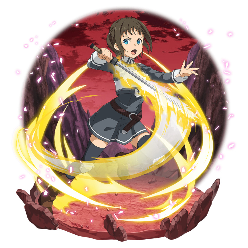 1girl, black_legwear, blue_eyes, boots, brown_footwear, brown_hair, dress, faux_figurine