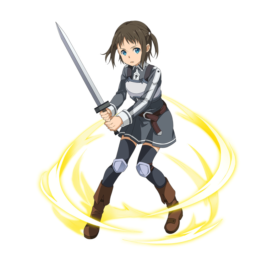 1girl, bangs, black_legwear, blue_eyes, boots, breastplate, brown_footwear, brown_hair, dress, full_body, grey_dress, hair_ornament, highres, holding, holding_sword, holding_weapon, long_sleeves, looking_at_viewer, official_art, open_mouth, pink_dress, pleated_dress, ronye_arabel, shiny, shiny_hair, short_dress, short_hair, solo, standing, sword, sword_art_online, sword_art_online:_memory_defrag, sword_mastery_academy_uniform, thigh-highs, transparent_background, twintails, weapon