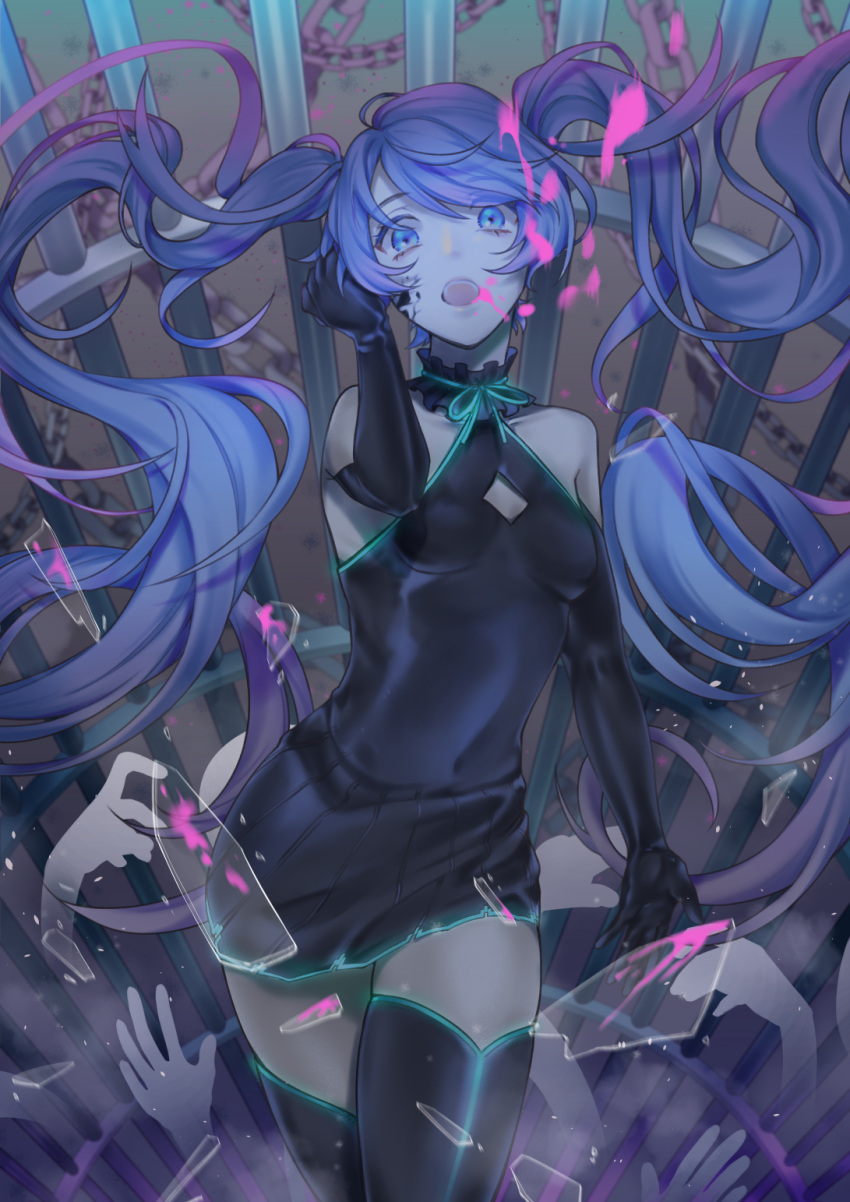 1girl, aqua_ribbon, bangs, black_choker, black_dress, black_footwear, black_gloves, blue_eyes