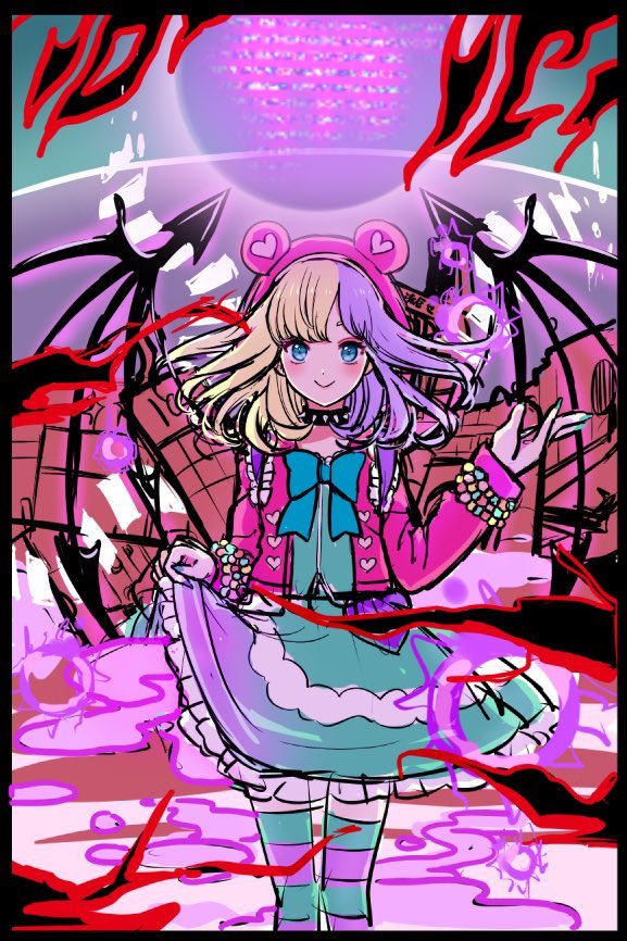 1girl, animal_hood, blonde_hair, blue_eyes, bow, bowtie, coco_atarashi, grin, hair_dye, happy, highlights, hood, hoodie, jacket, karei_ruchika, looking_at_viewer, multicolored_hair, pink_hoodie, purple_hair, shirt, short_hair, smile, solo, striped, striped_legwear, subarashiki_kono_sekai, thigh-highs, wings