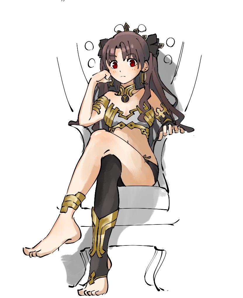 1girl, anklet, armlet, bare_shoulders, black_hair, black_legwear, black_ribbon, closed_mouth, crossed_legs, detached_sleeves, earrings, elbow_rest, eyebrows_visible_through_hair, fate/grand_order, fate_(series), feet, frown, hair_ribbon, hoop_earrings, ishtar_(fate)_(all), ishtar_(fate/grand_order), jewelry, long_hair, long_sleeves, looking_at_viewer, nishikuromori, red_eyes, ribbon, simple_background, single_detached_sleeve, single_thighhigh, sitting, solo, thigh-highs, tiara, toeless_legwear, two_side_up, very_long_hair, white_background
