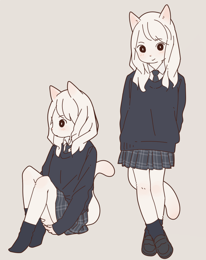 1girl, animal_ears, cat_ears, commentary, crossed_legs, english_commentary, furry, original, pleated_skirt, school_uniform, skirt, solo, tagme, tail, yagi_(s1120411)