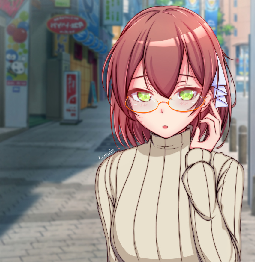 1girl, :o, alternate_hair_length, alternate_hairstyle, artist_name, bangs, beige_sweater, bespectacled