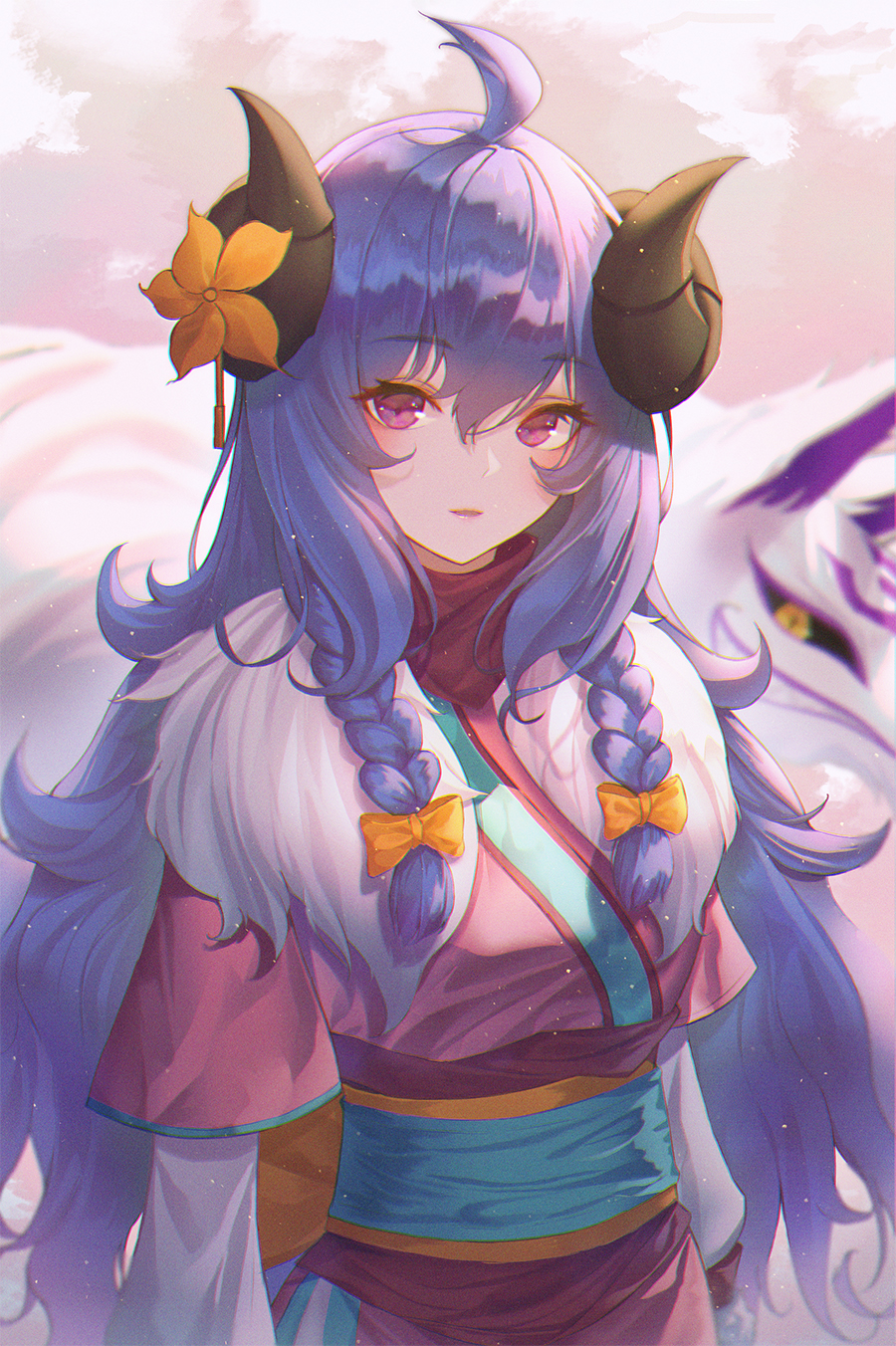 1girl, ahoge, alternate_costume, alternate_eye_color, alternate_hair_color, alternate_hairstyle, animal_ears, bangs