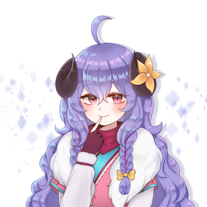 1girl, ahoge, alternate_costume, alternate_eye_color, alternate_hair_color, alternate_hairstyle, blue_hair, blush, braid, curled_horns, finger_to_mouth, fingerless_gloves, flower, fur, gloves, hair_between_eyes, hair_flower, hair_ornament, highres, horn_flower, horns, hyeroin, japanese_clothes, kindred_(league_of_legends), lamb_(league_of_legends), league_of_legends, long_hair, pointing, pointing_at_self, purple_hair, ribbon, side_braid, simple_background, single_fingerless_glove, smile, solo, spirit_blossom_kindred, twin_braids, white_background, white_fur
