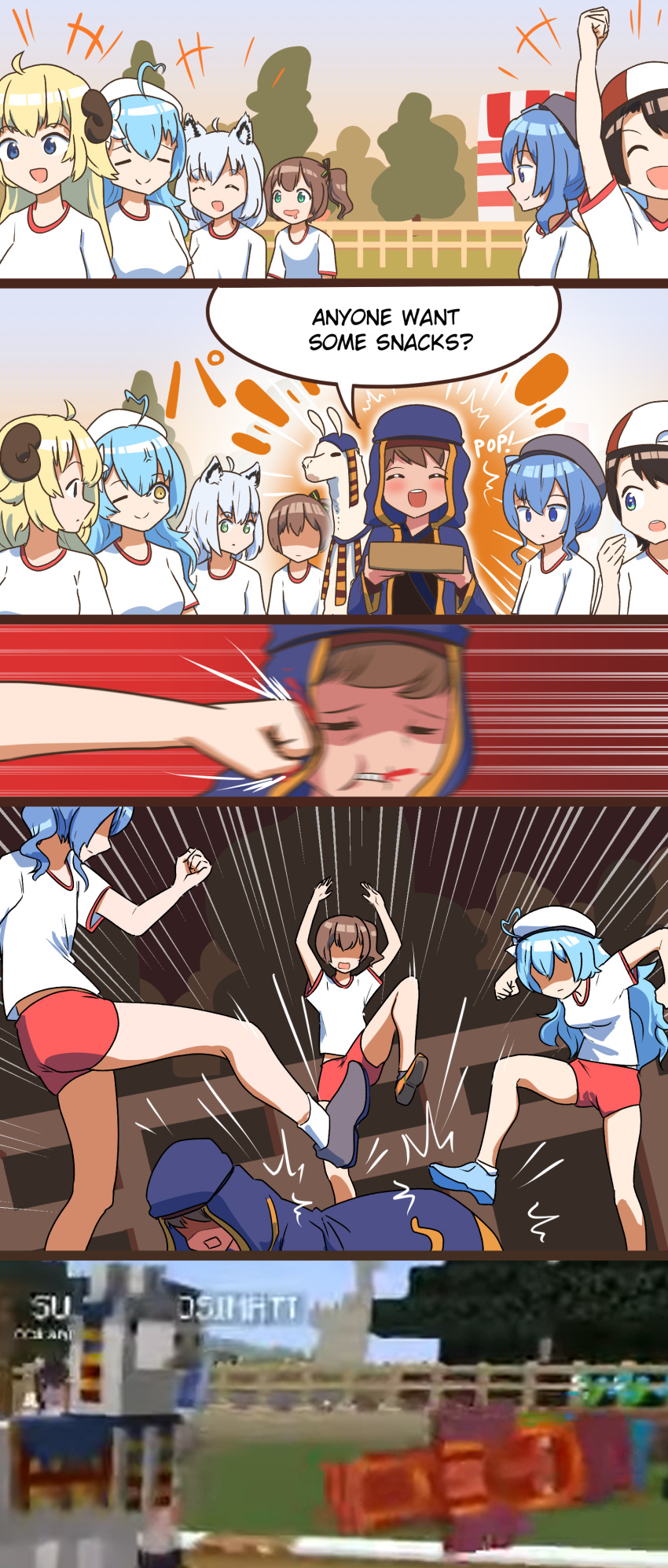 6+girls, absurdres, ahoge, animal_ear_fluff, animal_ears, bangs, beret, black_hair, blonde_hair, blue_eyes, blue_hair, brown_hair, buruma, closed_eyes, closed_mouth, commentary, day, death, english_commentary, face_punch, fence, fighting, fox_ears, fox_girl, game_screenshot, green_eyes, gym_uniform, hat, highres, hololive, horns, hoshimachi_suisei, in_the_face, jojo_no_kimyou_na_bouken, kicking, llama, long_hair, medium_hair, meme, minecraft, motion_lines, multiple_girls, natsuiro_matsuri, one_eye_closed, oozora_subaru, open_mouth, outdoors, pompmaker1, punching, saliva, sheep_girl, sheep_horns, shirakami_fubuki, shirt, short_hair, short_sleeves, side_ponytail, smile, standing, tree, tsunomaki_watame, virtual_youtuber, wandering_trader_(minecraft), white_hair, white_shirt, yellow_eyes, yukihana_lamy