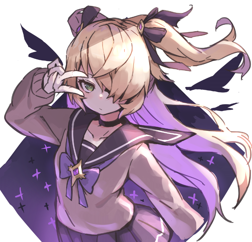 1girl, alternate_costume, blonde_hair, blouse, bow, chuunibyou, eyepatch, fischl_(genshin_impact), genshin_impact, green_eyes, hair_over_one_eye, hair_ribbon, neckerchief, pleated_skirt, purple_bow, ribbon, sailor_collar, school_uniform, serafuku, skirt, solo, two_side_up, zizi_niisan