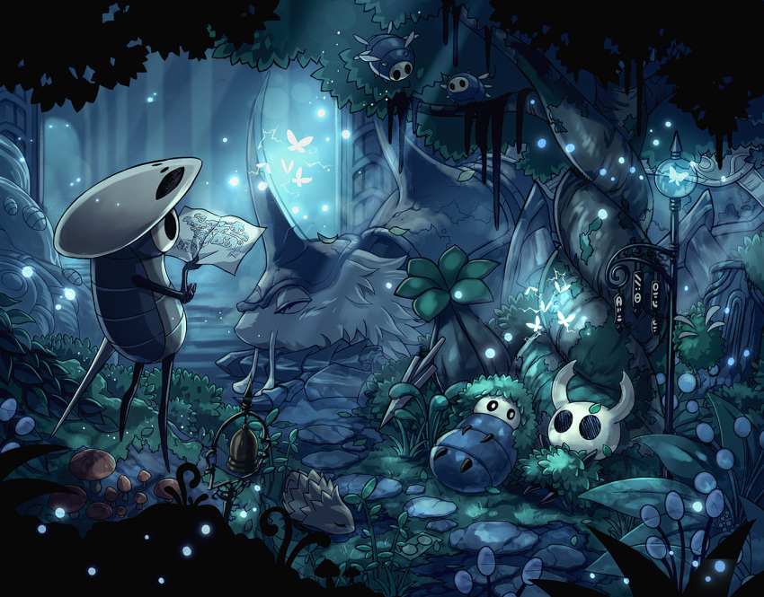 bell, bug, butterfly, egg, electricity, firefly, flying, grass, hollow_eyes, hollow_knight, insect, knight_(hollow_knight), lance, leaf, lying, map, mask, mushroom, nature, no_humans, paper, plant, polearm, quirrel, sinsin719, sleeping, standing, sunlight, the_last_stag, tree, vines, weapon, wings