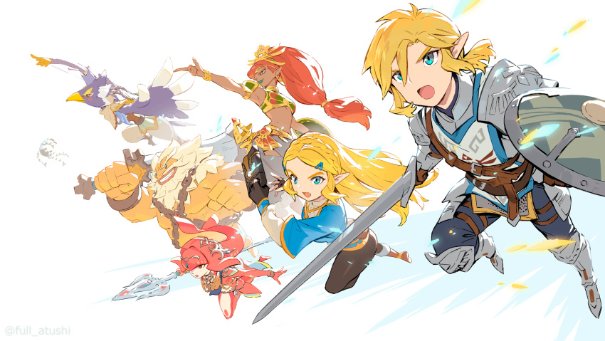3boys, armor, blanco026, blonde_hair, bow_(weapon), dark_skin, dark-skinned_female, daruk