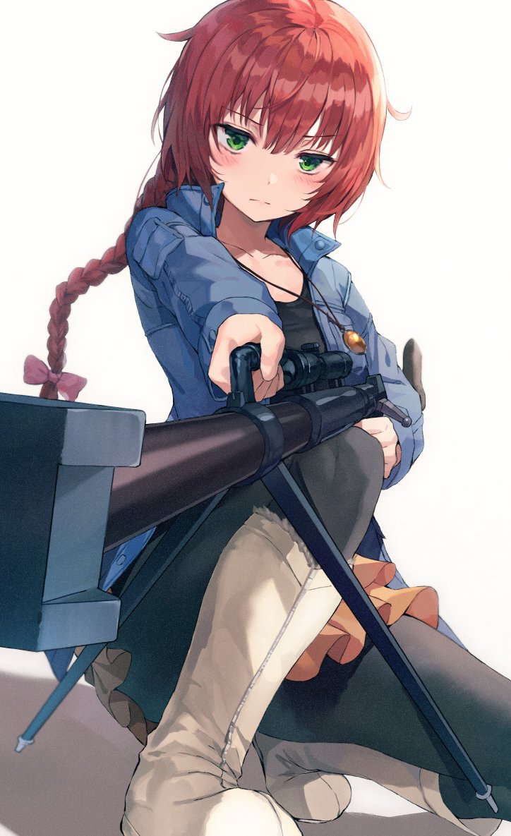 1girl, anti-materiel_rifle, bangs, black_legwear, black_shirt, blue_jacket, boots, braid