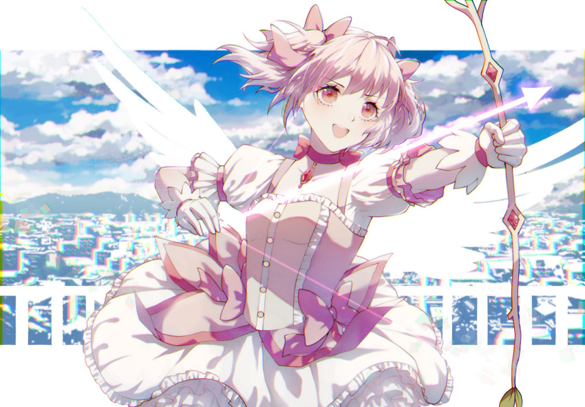 1girl, :d, aiming, blue_sky, border, bow_(weapon), breasts, bubble_skirt